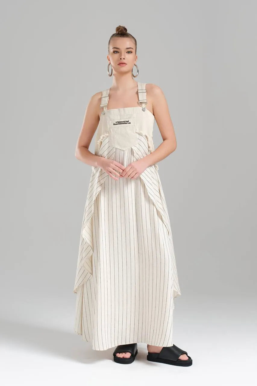  Ballonkleid von TW3 aus Baumwolle, 1247, Beige, Streifen, Schick, Modern, Ausgefallen