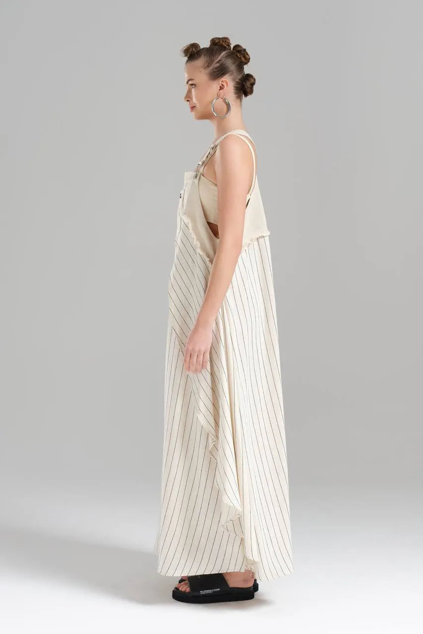  Ballonkleid von TW3 aus Baumwolle, 1247, Beige, Streifen, Schick, Modern, Ausgefallen