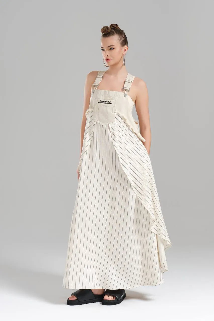 Ballonkleid von TW3 aus Baumwolle, 1247, Beige, Streifen, Schick, Modern, Ausgefallen