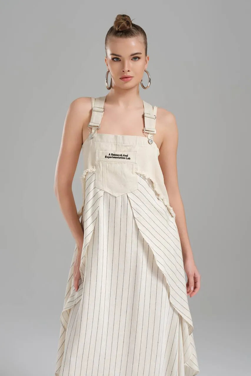  Ballonkleid von TW3 aus Baumwolle, 1247, Beige, Streifen, Schick, Modern, Ausgefallen
