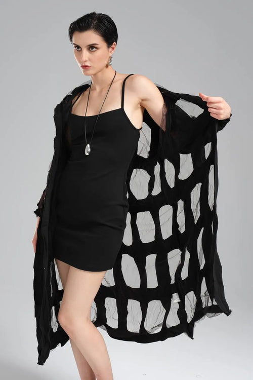 TW3 Mantel in gerader Form, aus Baumwolle, 1515, Schwarz, Muster, Schick, Ausgefallen