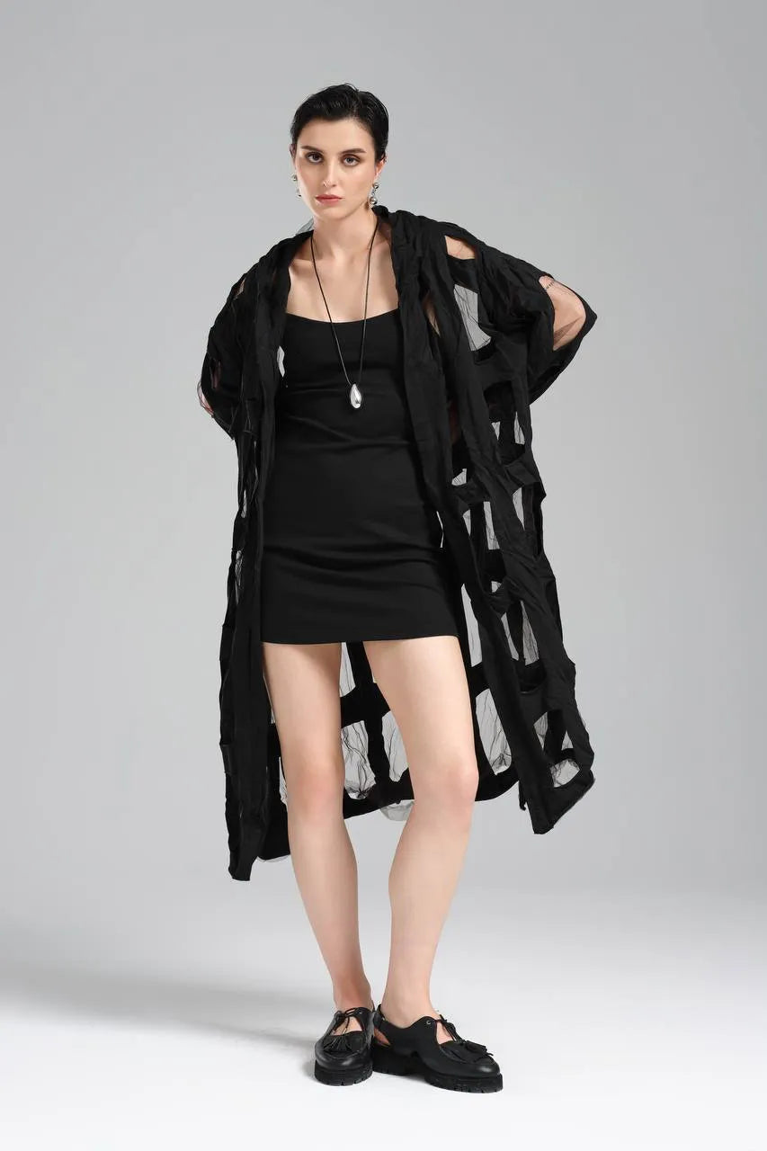 TW3 Mantel in gerader Form, aus Baumwolle, 1515, Schwarz, Muster, Schick, Ausgefallen