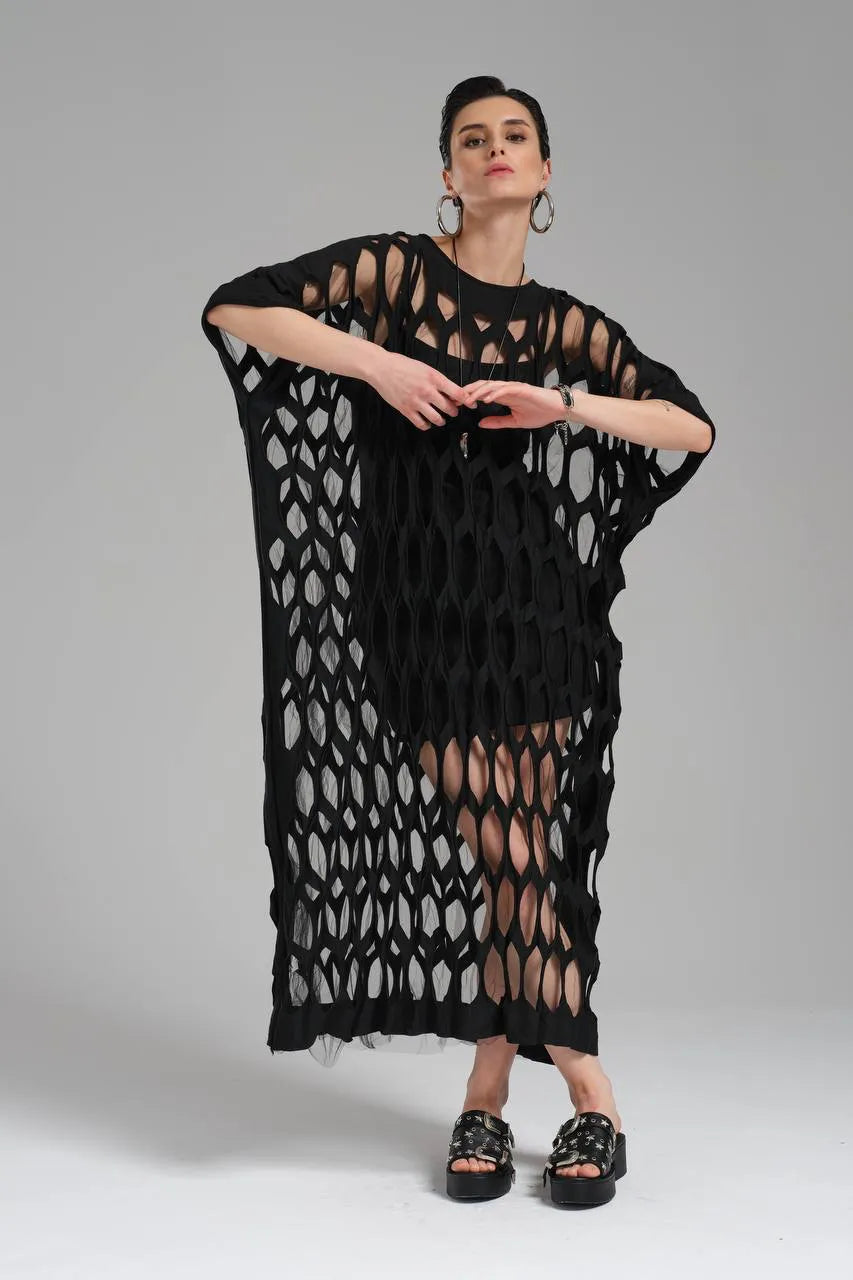 TW3 Kleid in gerader Form, aus Baumwolle, 1539, Schwarz, Raute, Schick, Ausgefallen