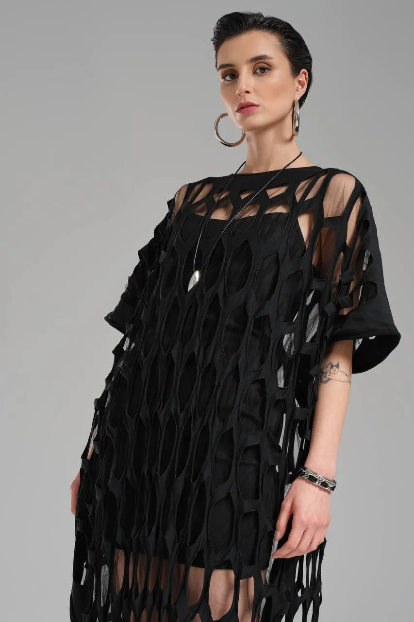  TW3 Kleid in gerader Form, aus Baumwolle, 1539, Schwarz, Raute, Schick, Ausgefallen