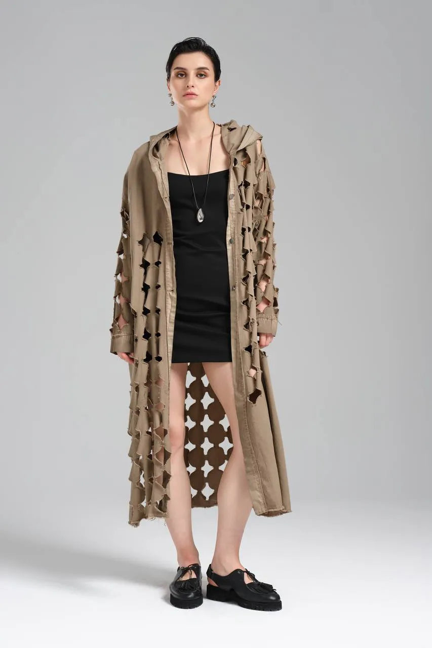  TW3 Mantel in gerader Form, aus Baumwolle, 1540, Beige, Punkte, Ausgefallen, Zeitlos