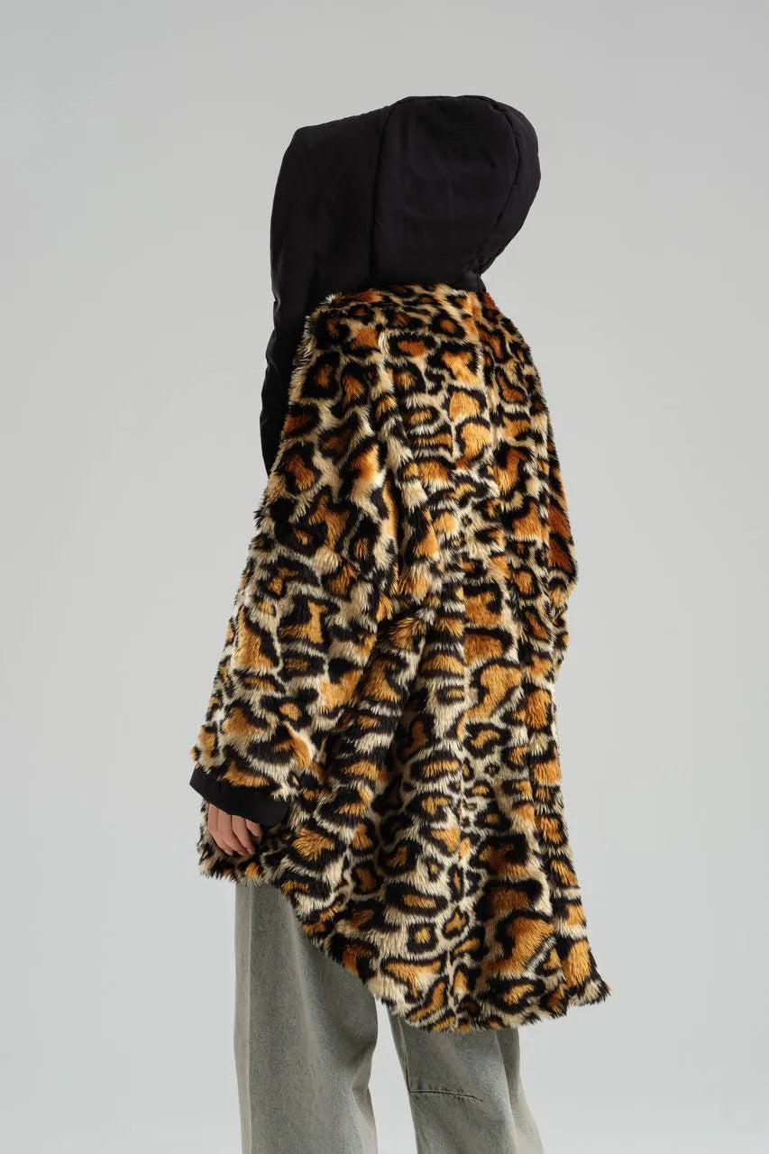  TW3 Mantel in Vokuhila-Form, aus Materialmix, 972, Leopard, Kuschelig, Ausgefallen