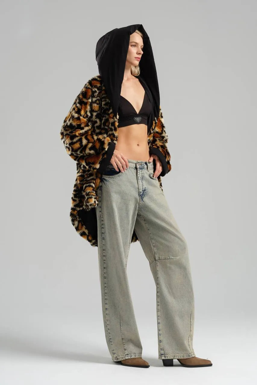  TW3 Mantel in Vokuhila-Form, aus Materialmix, 972, Leopard, Kuschelig, Ausgefallen