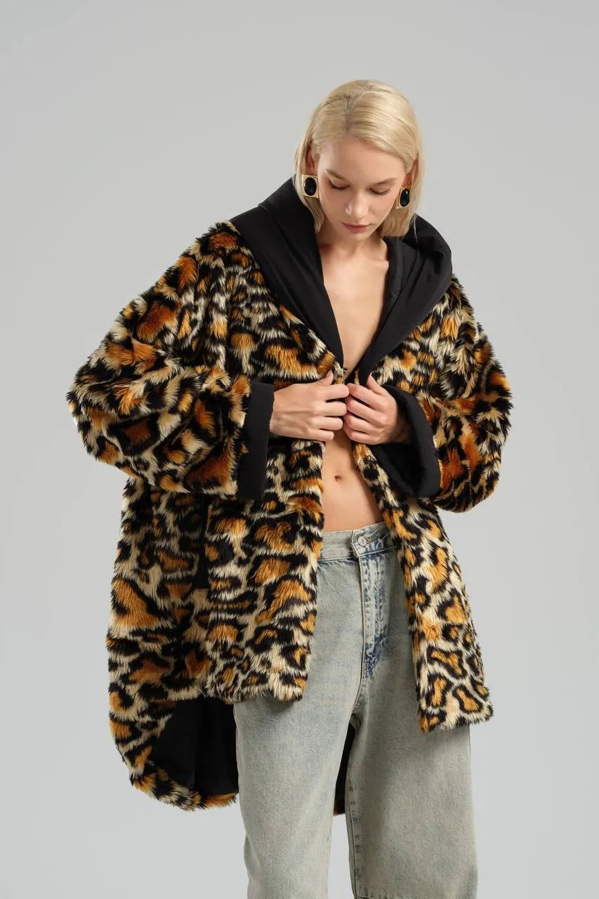  TW3 Mantel in Vokuhila-Form, aus Materialmix, 972, Leopard, Kuschelig, Ausgefallen