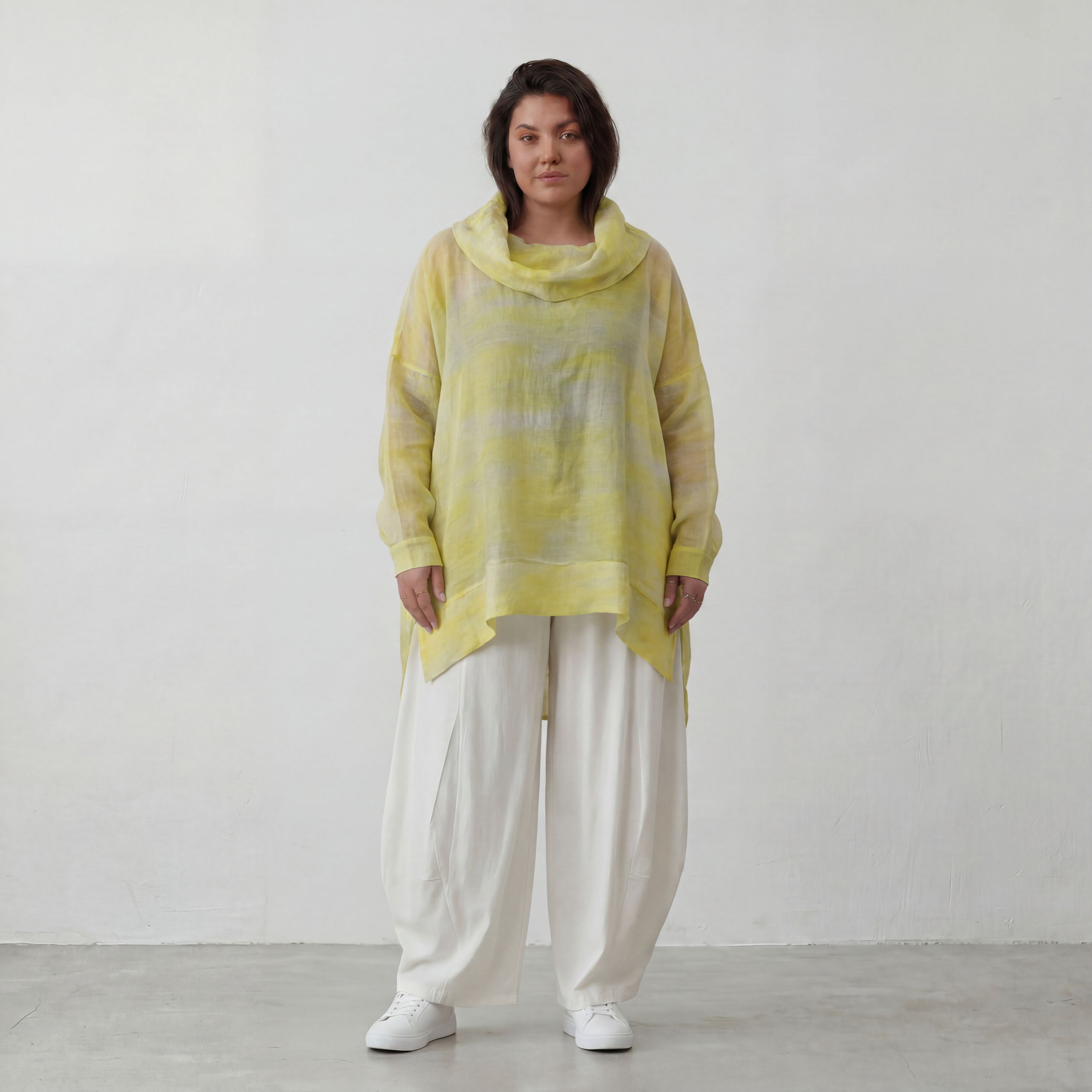 Gelb/Grau Oversize Lagenlook Shirt mit Crashstruktur asymmetrisch leger zeitlos softfeel