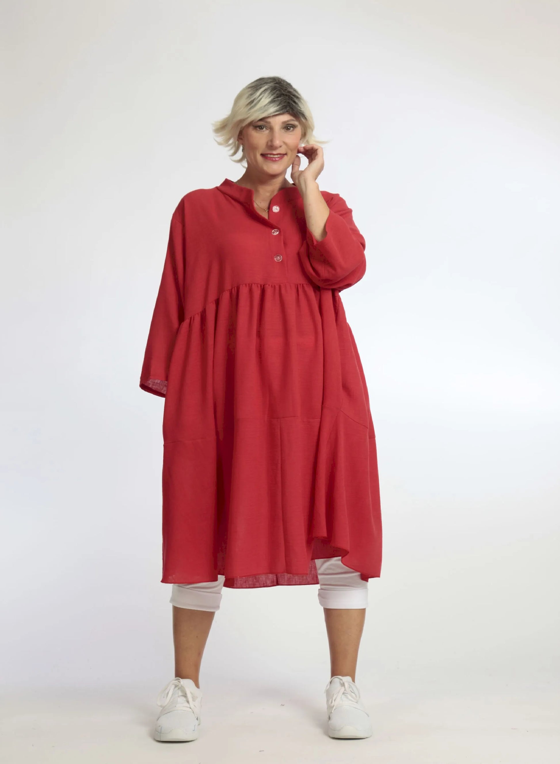  A-Form Kleid mit elegantem Stehkragen und 3/4-Ärmeln aus luftiger Viskose-Leinen-Mischung