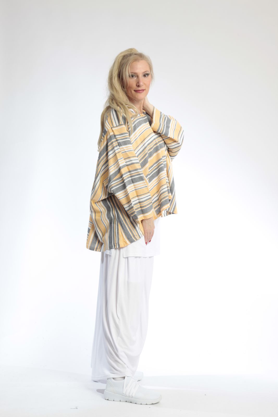  AKH Fashion Bigshirt in kastiger Form, aus Viskose, 0805.03018, Gelb, Streifen, Schick