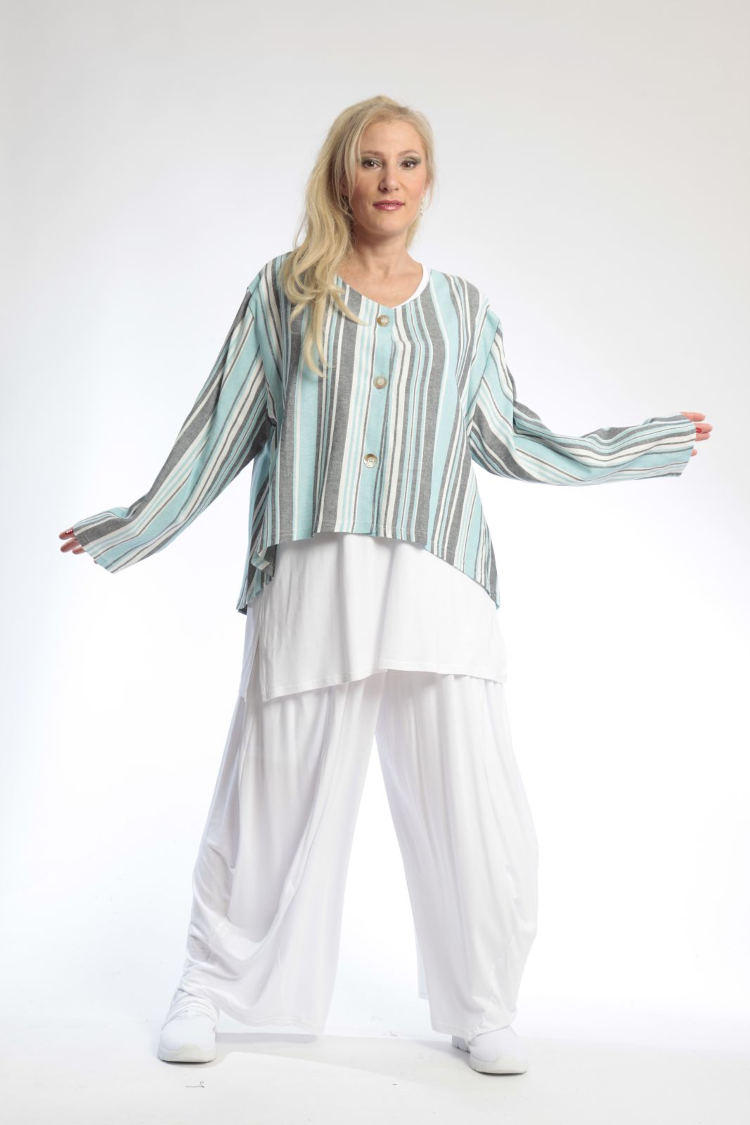  AKH Fashion Jacke in gerundeter Form, aus Viskose, 0805.00130, Türkis, Streifen, Schick