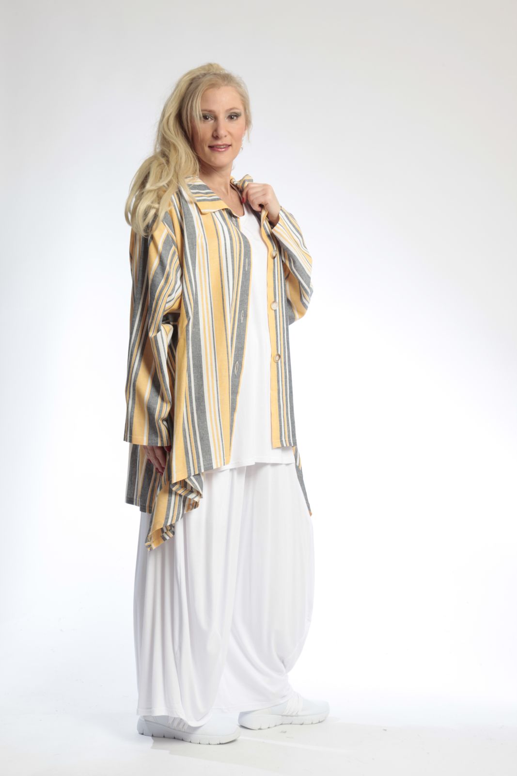  AKH Fashion Jacke in Vokuhila-Form, aus Viskose, 0805.06317, Gelb, Streifen, Schick