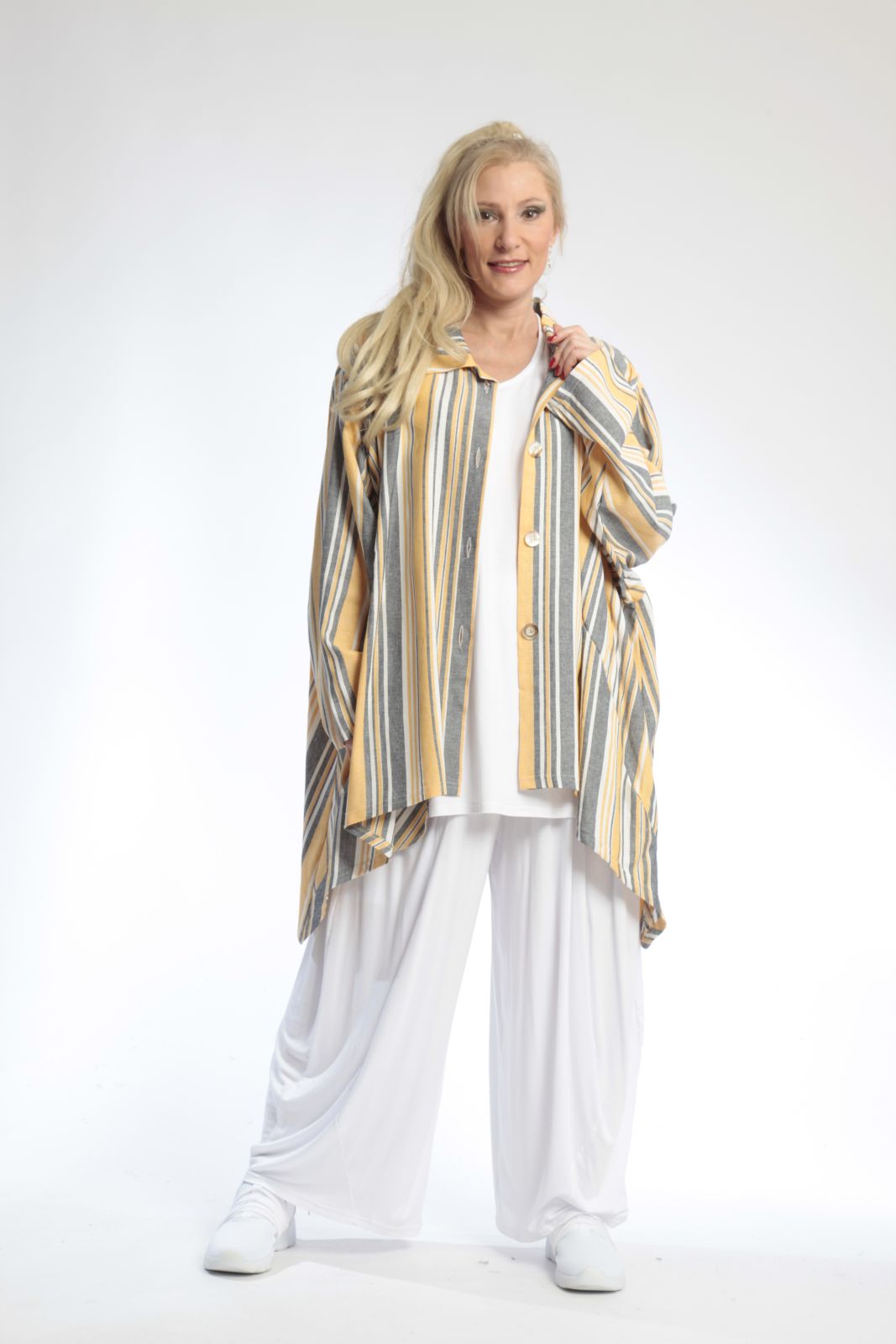  AKH Fashion Jacke in Vokuhila-Form, aus Viskose, 0805.06317, Gelb, Streifen, Schick