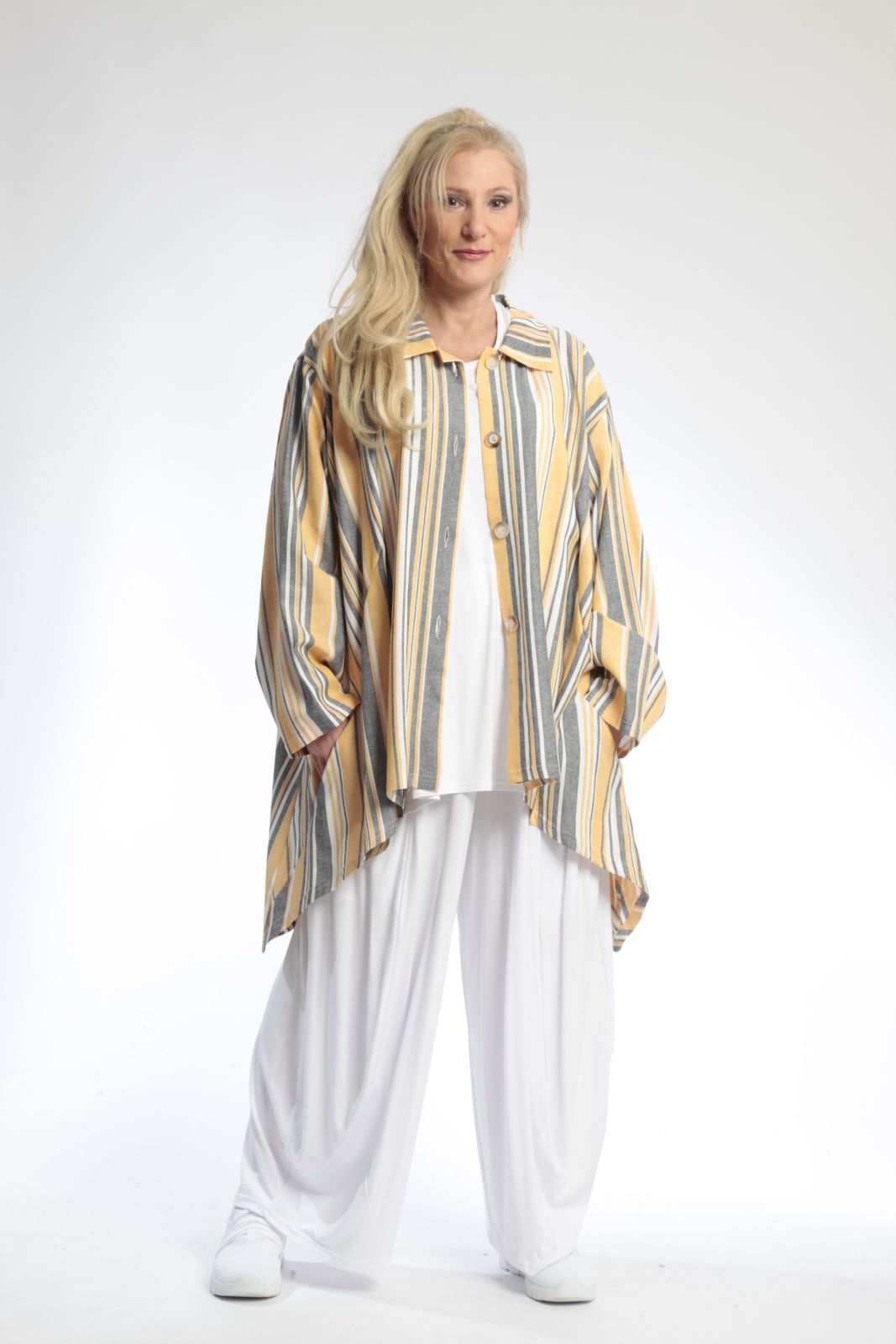  AKH Fashion Jacke in Vokuhila-Form, aus Viskose, 0805.06317, Gelb, Streifen, Schick
