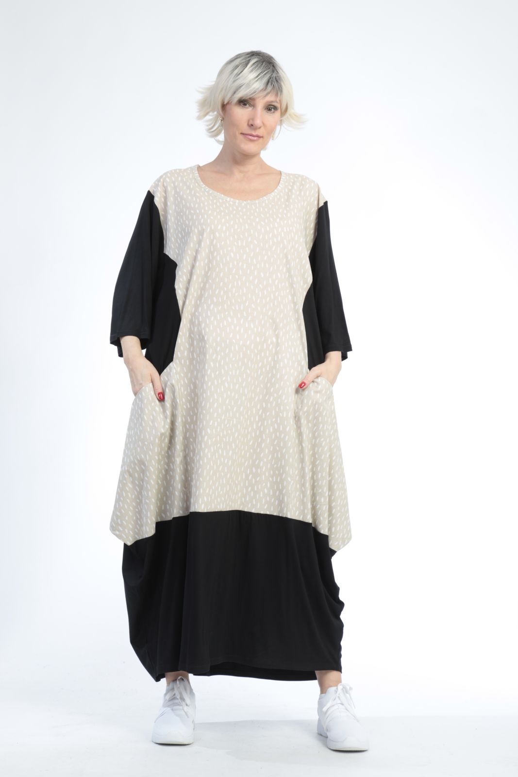  Ballonkleid von AKH Fashion aus Baumwolle, 0848.01923, Schwarz-Beige, Punkte, Schick