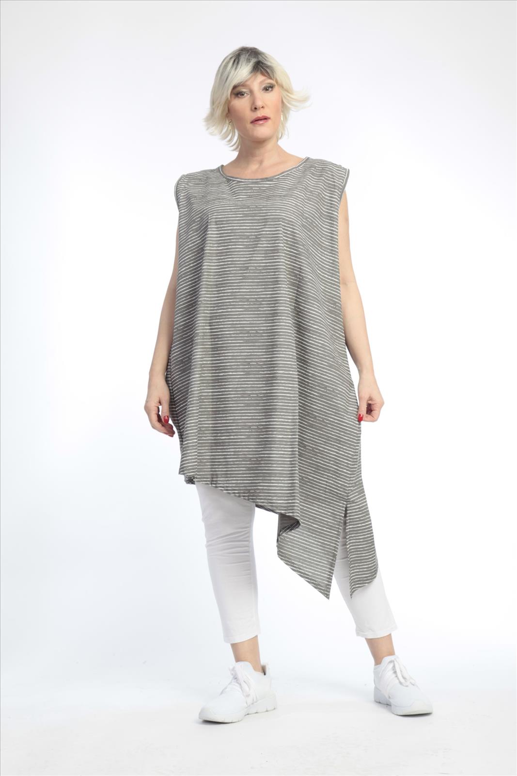  AKH Fashion Tunika in asymmetrischer Form, aus Baumwolle, 0832.06776, Grau-Weiß, Streifen