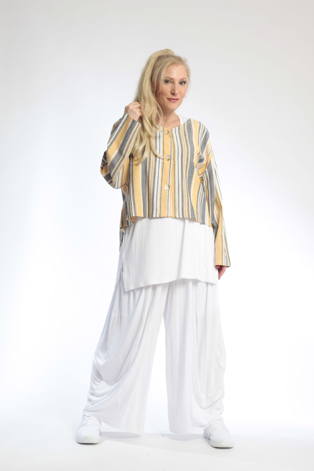  AKH Fashion Jacke in gerundeter Form, aus Viskose, 0805.00130, Gelb, Streifen, Schick