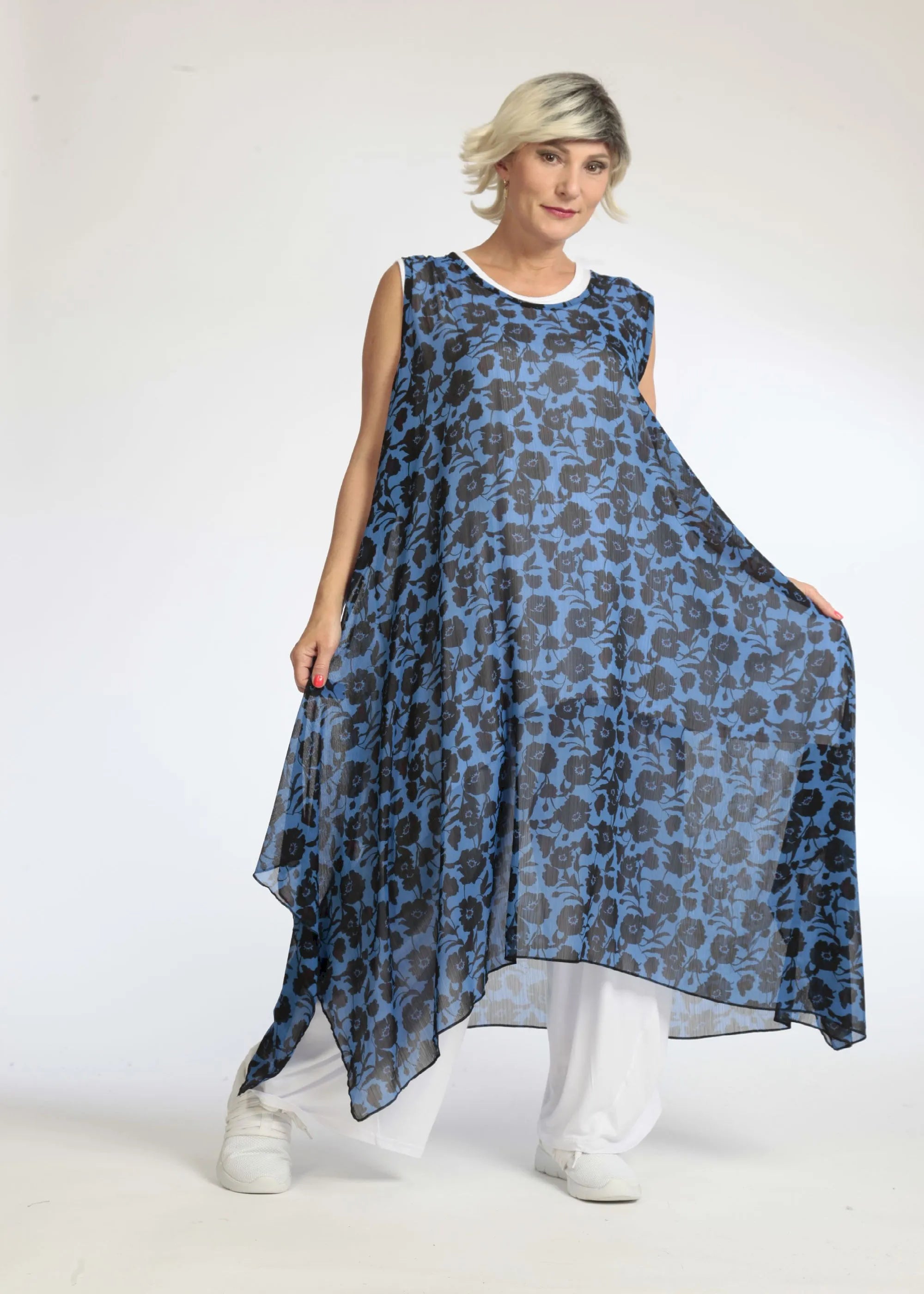  A-Form Tunika von AKH Fashion aus Polyester, 1074.05927, Blau-Schwarz, Blumen, Schick