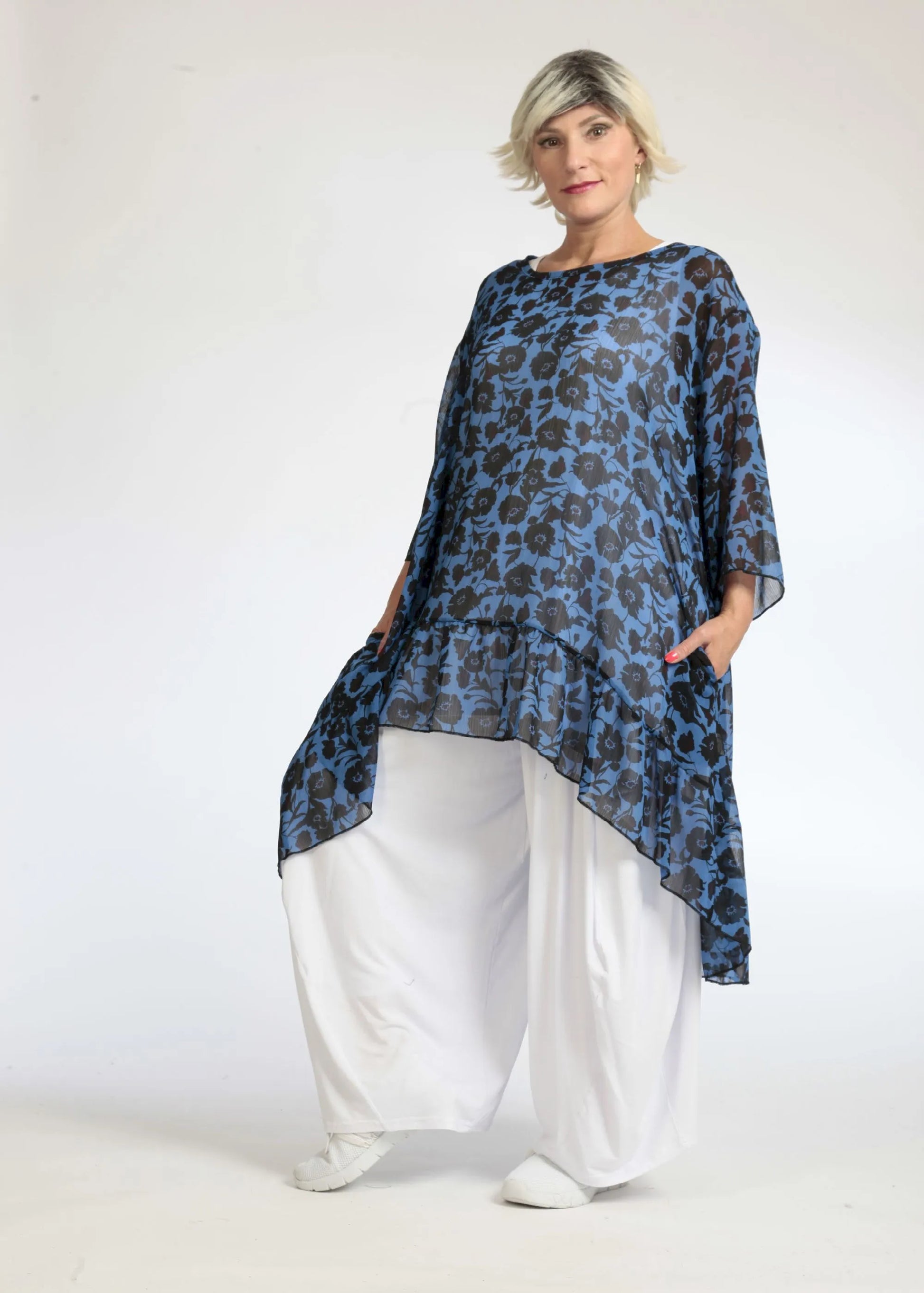  Bigshirt von AKH Fashion aus Polyester in Vokuhila-Form, 1074.06837, Blau-Schwarz, Schick