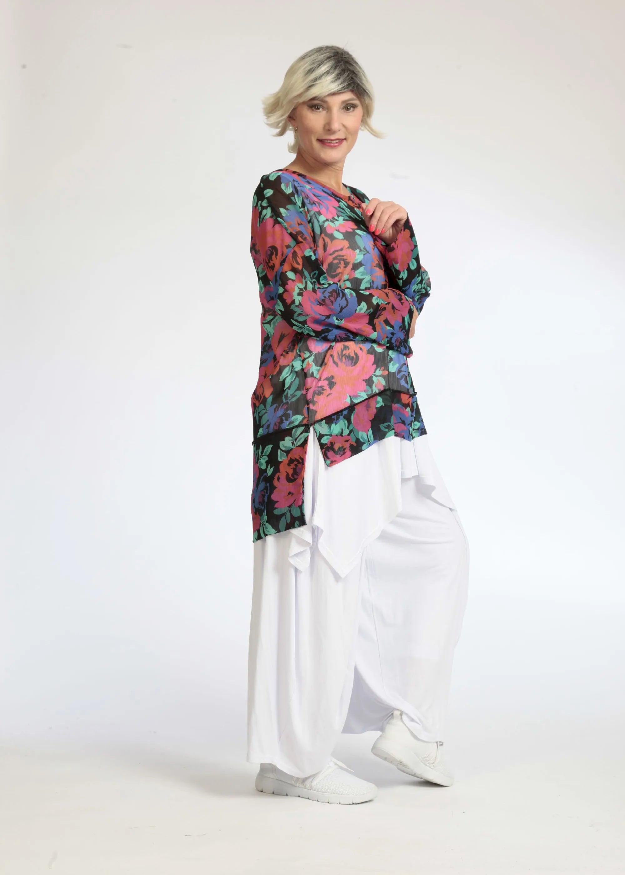  AKH Fashion Shirt in gerader Form, aus Polyester, 1076.06839, Schwarz-Rot-Blau, Blumen
