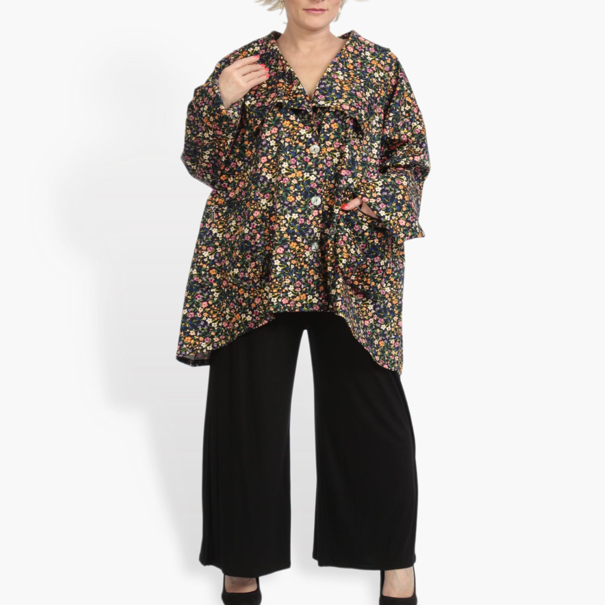  A-Form Jacke von AKH Fashion aus Viskose, 0836.06749, Schwarz-Multi, Blumen, Schick