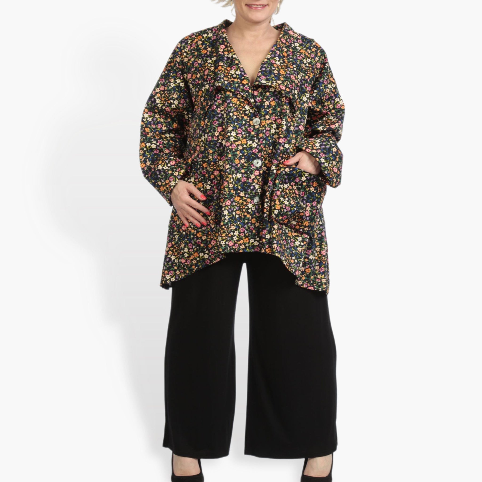  A-Form Jacke von AKH Fashion aus Viskose, 0836.06749, Schwarz-Multi, Blumen, Schick