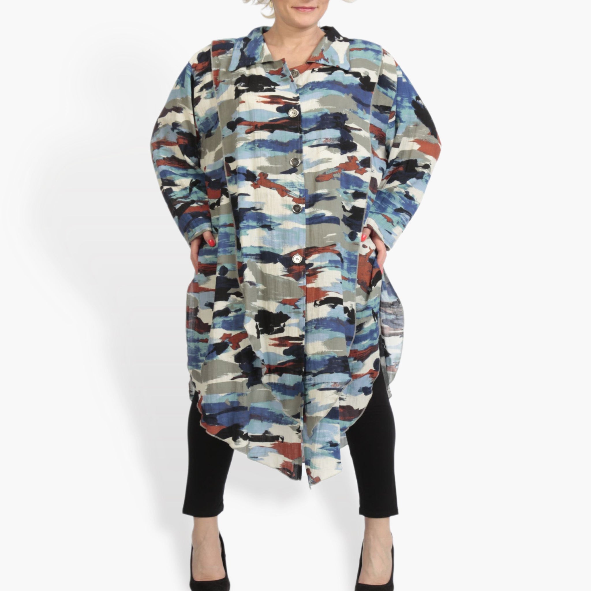  AKH Fashion Jacke in gerundeter Form, aus Rayon, 0840.02122, Blau-Multi, Kamuflage