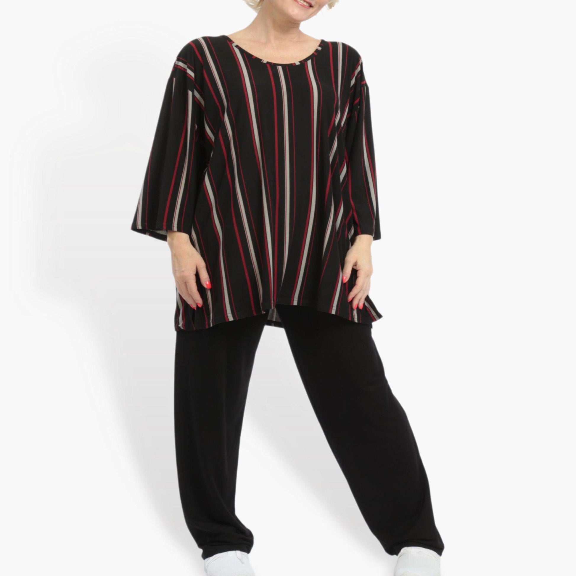  Stylisches Oversize-Shirt im trendy Schwarz-Grau-Rot mit Lagenlook und 3/4-Ärmeln für Plus Size