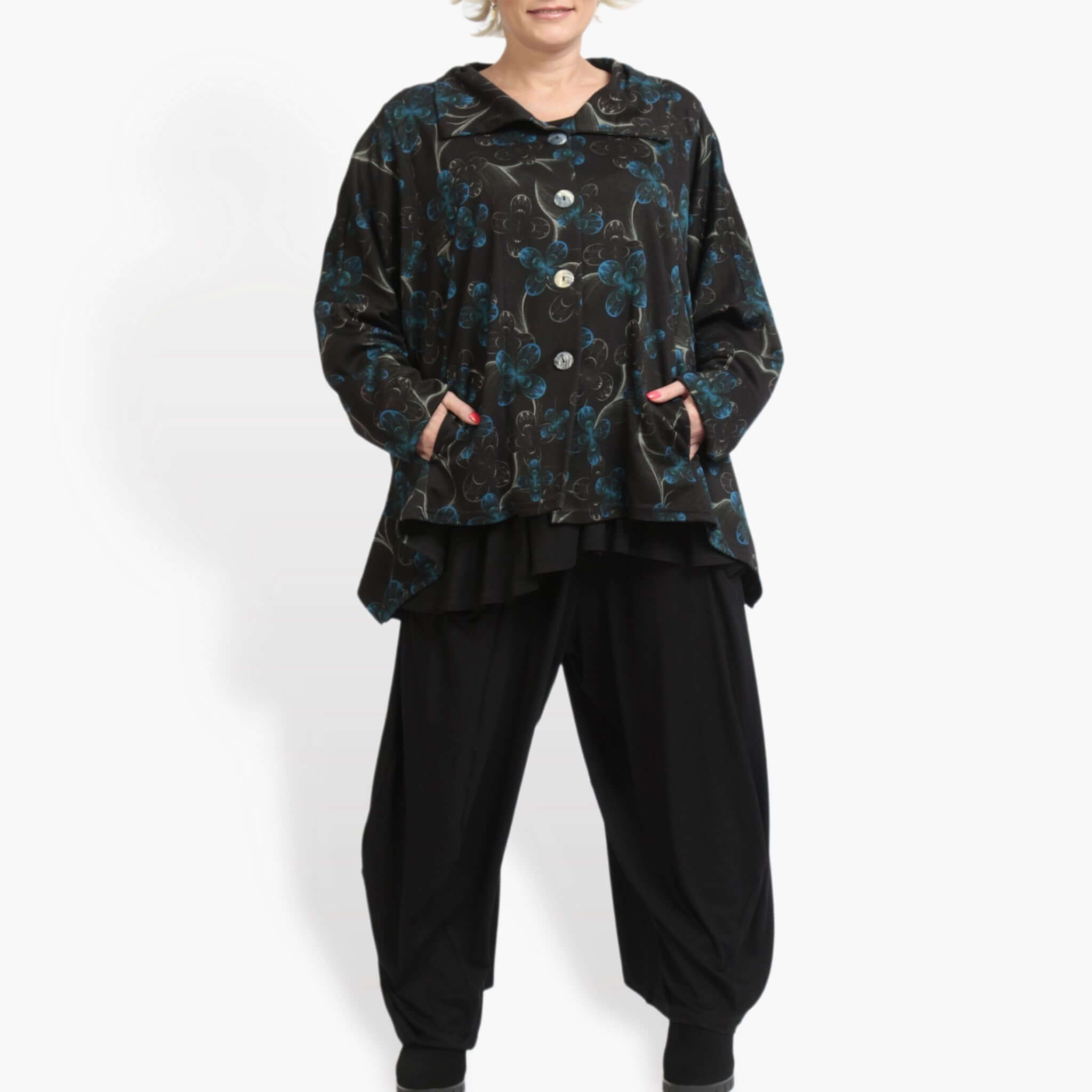  A-Form Jacke von AKH Fashion aus Viskose, 0907.02222, Schwarz-Petrol, Blumen, Schick