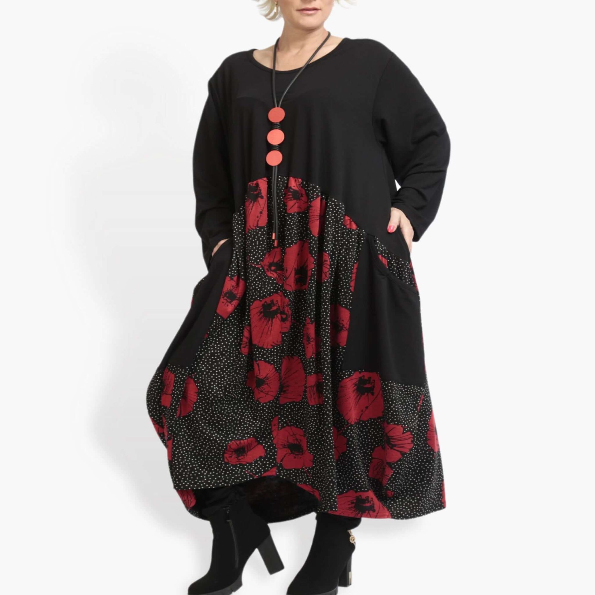  Ballonkleid in Schwarz-Rot mit Blumenmuster aus elastischem Jersey für lässige Styles