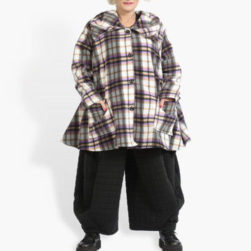  Oversize A-Form Jacke im lässigen Tartan-Muster in buntem Lila aus kuscheligem Fleece