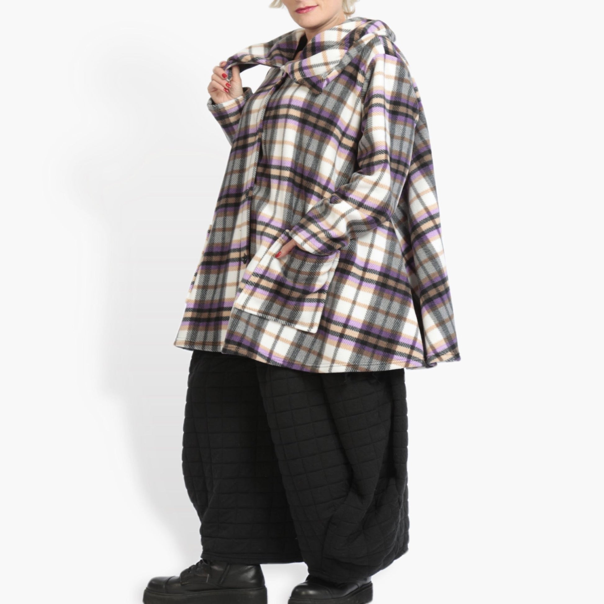  Oversize A-Form Jacke im lässigen Tartan-Muster in buntem Lila aus kuscheligem Fleece