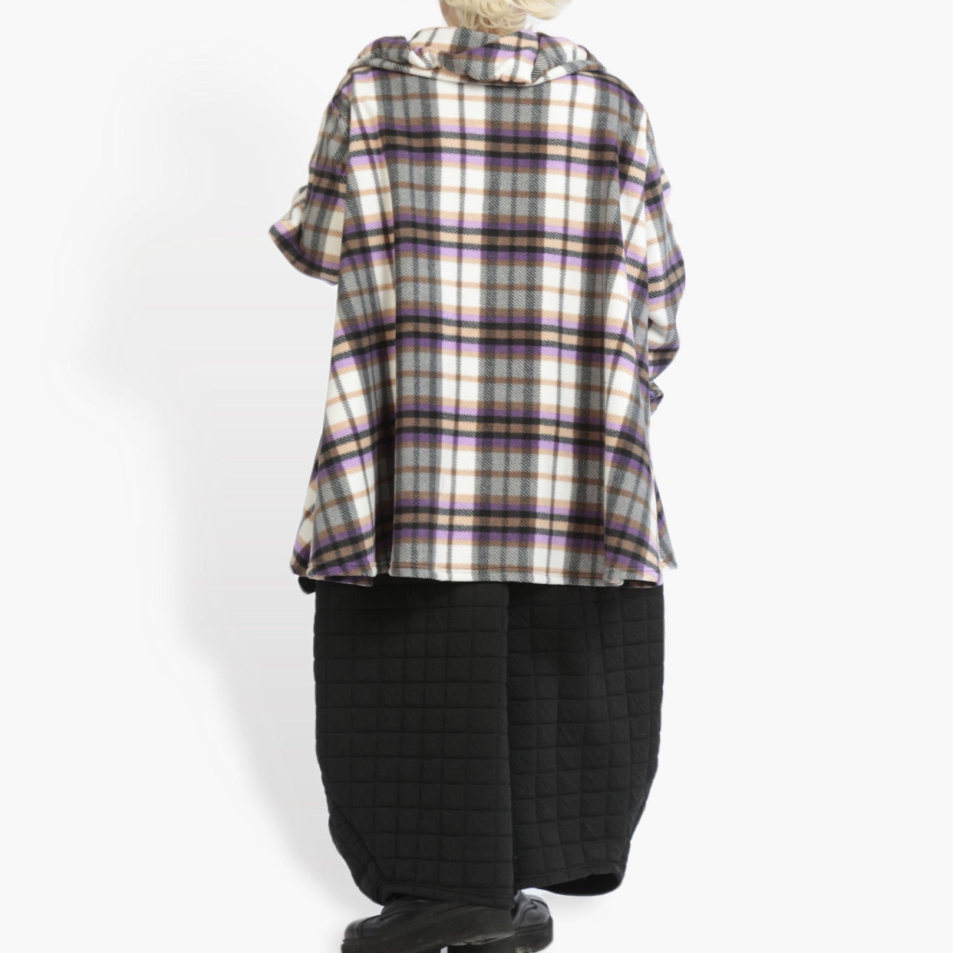  Oversize A-Form Jacke im lässigen Tartan-Muster in buntem Lila aus kuscheligem Fleece