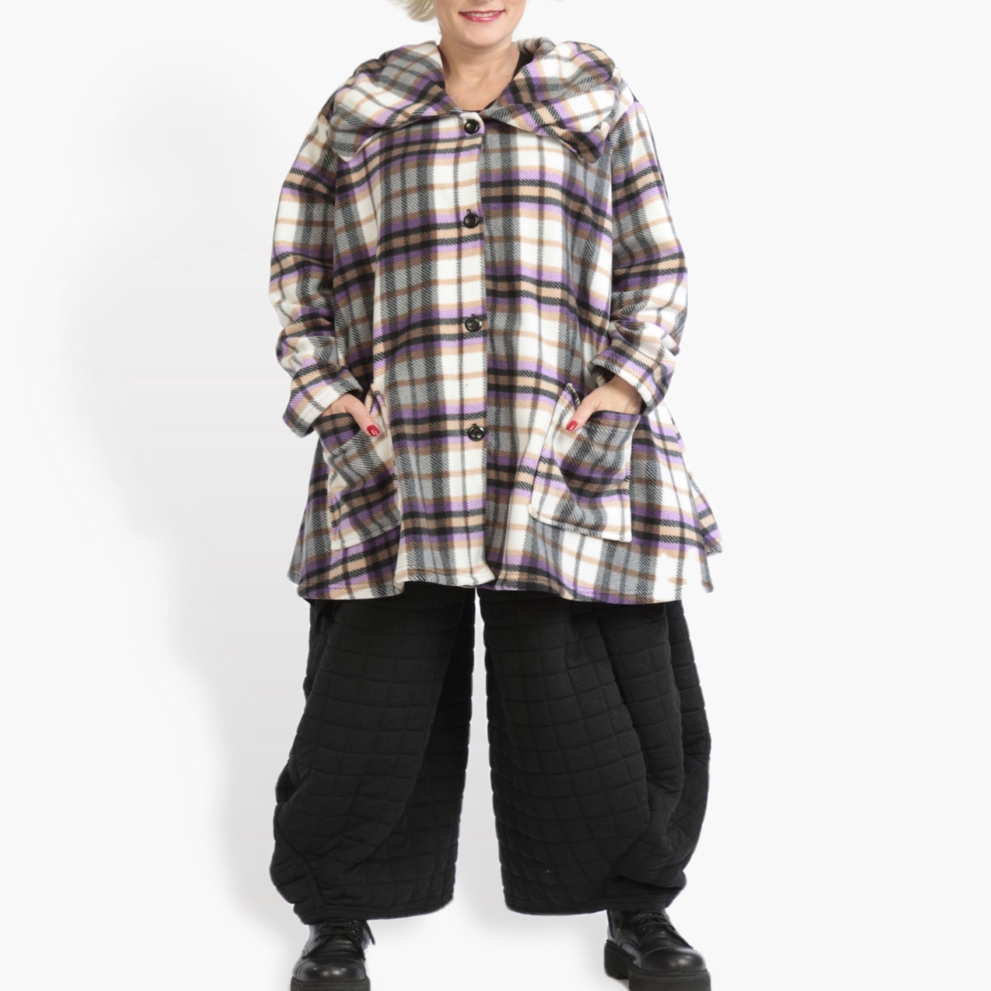  Oversize A-Form Jacke im lässigen Tartan-Muster in buntem Lila aus kuscheligem Fleece