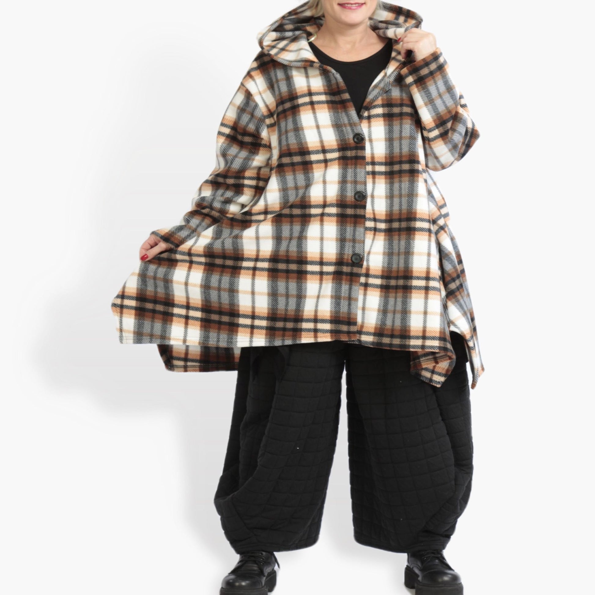  A-Form Fleece Jacke in multicolor-brauner Tartan-Optik mit Kapuze für legere Plus Size Fashion