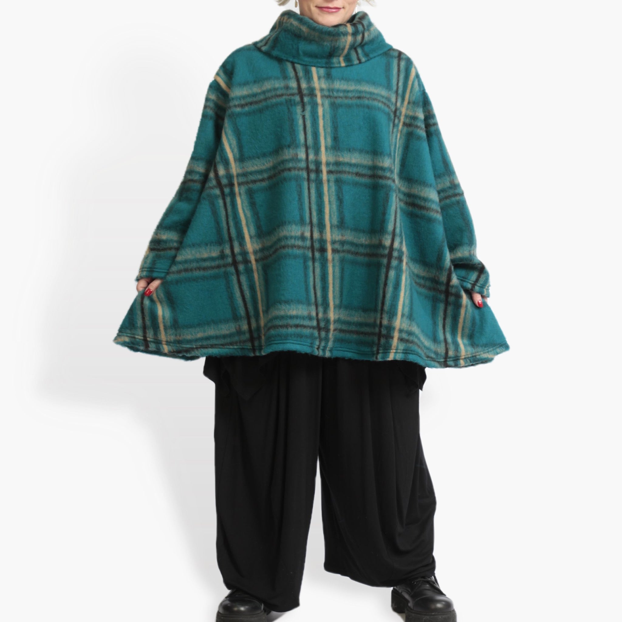  A-Form Bigshirt von AKH Fashion aus Materialmix, 0973.00593, Petrol-Multi, Kariert, Schick