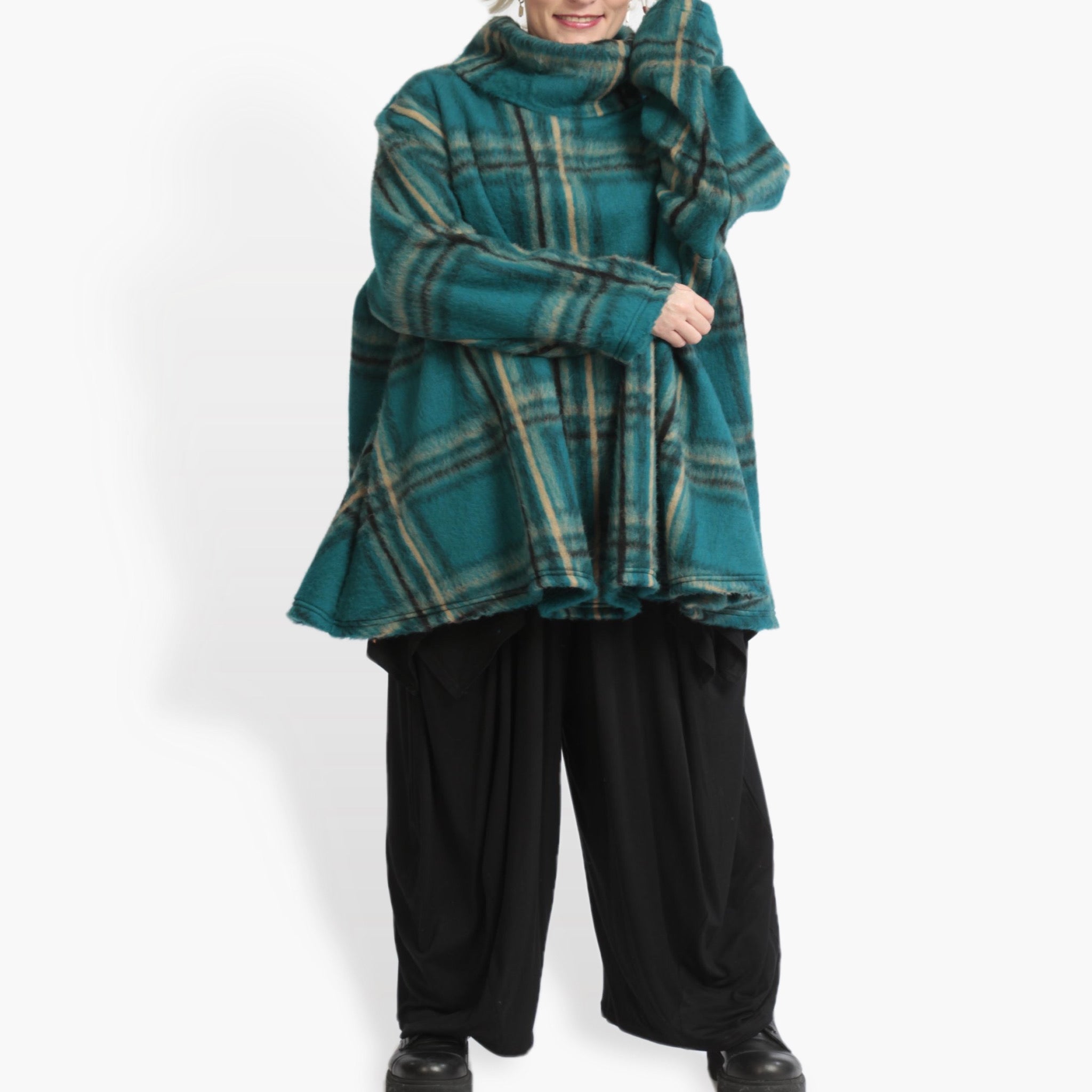  A-Form Bigshirt von AKH Fashion aus Materialmix, 0973.00593, Petrol-Multi, Kariert, Schick